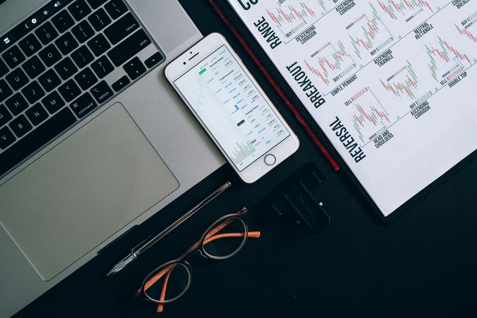 Ilustrasi: Laptop, smartphone, and financial charts on office desk for market analysis.