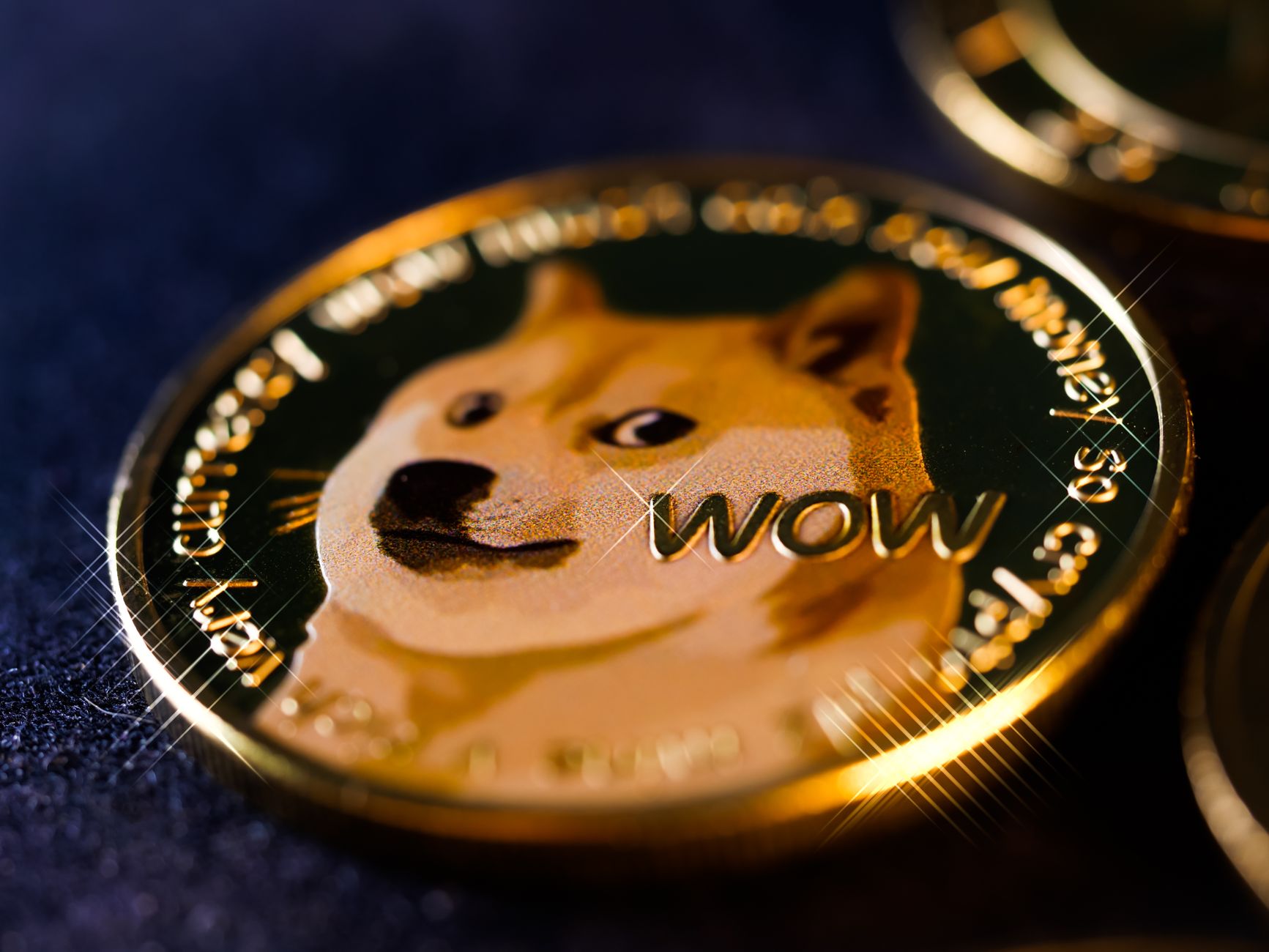 Ilustrasi: Detailed close-up image of a shiny Dogecoin cryptocurrency coin with the iconic Shiba Inu dog.
