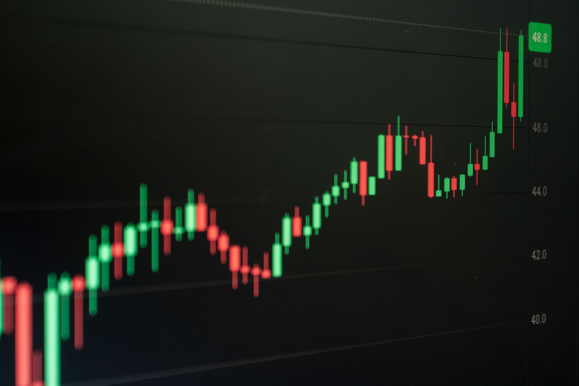 Ilustrasi: Close-up of a digital candlestick chart indicating bullish market trends in trading.