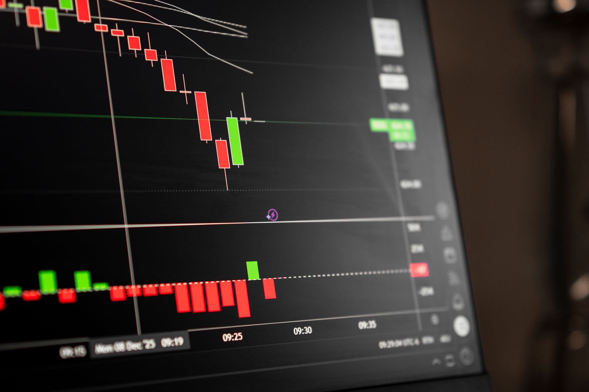 Ilustrasi: A close-up of a digital screen showing stock market candlestick chart data.