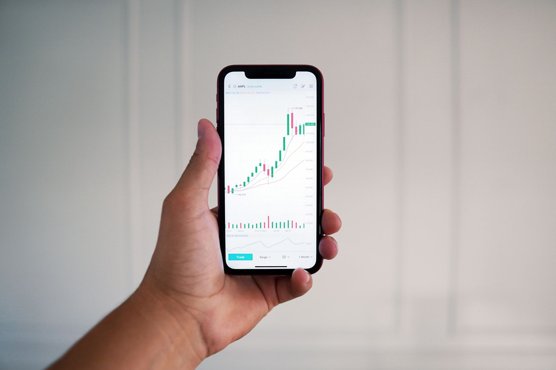 Ilustrasi: Close-up of a hand holding a smartphone showing a stock market chart indoors.