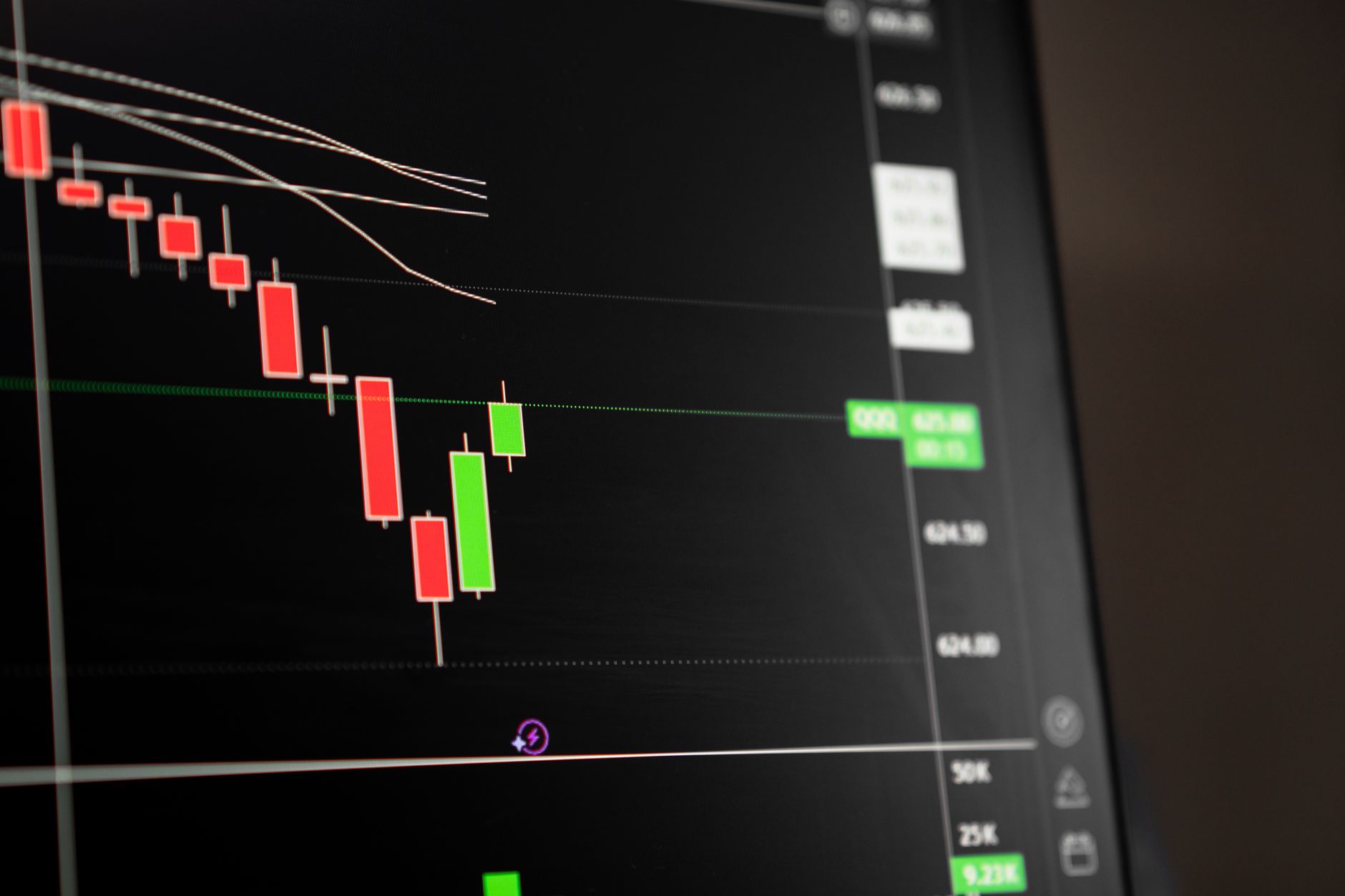 Ilustrasi: Candlestick chart showing a downward trend in the stock market analysis.