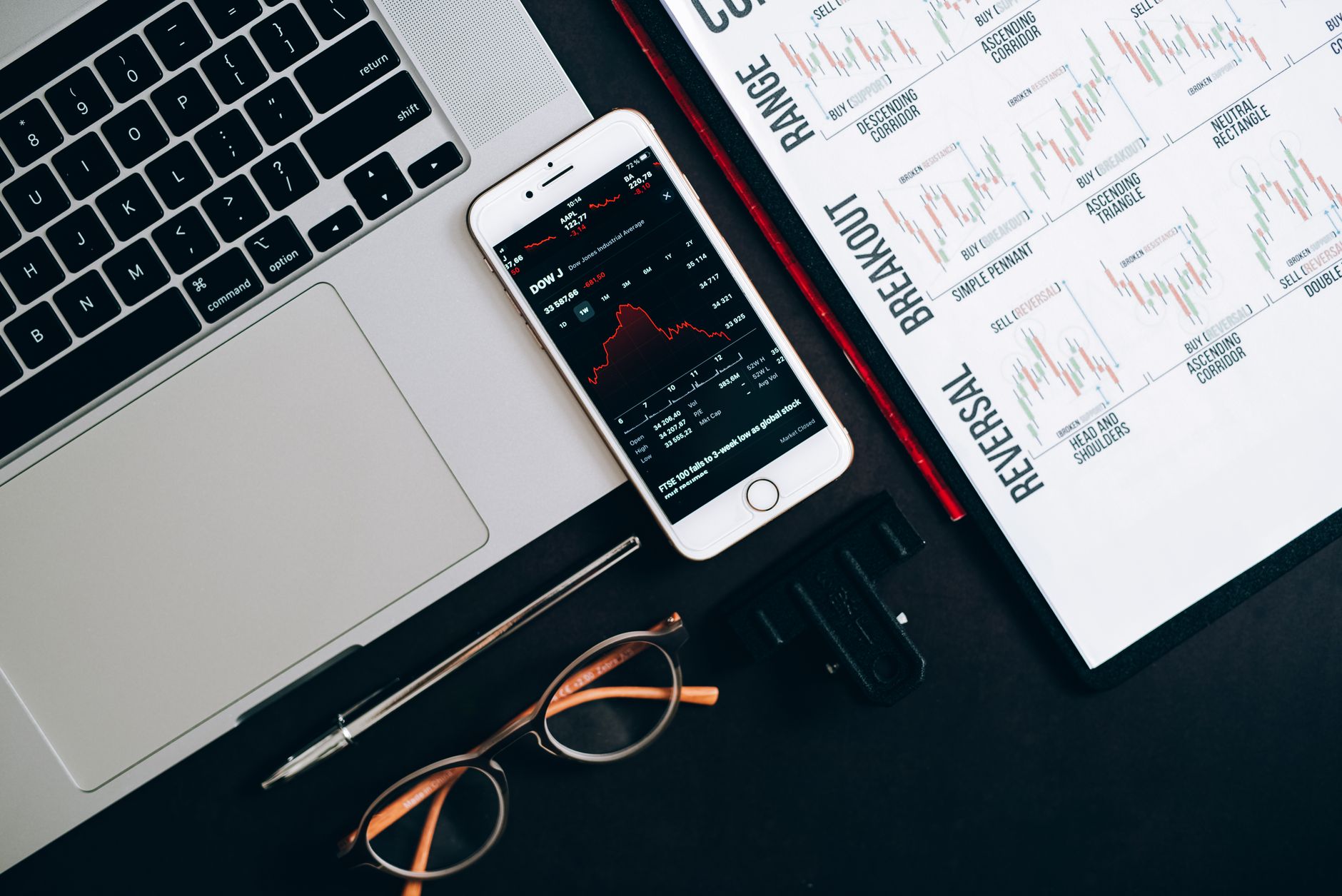 Ilustrasi: Top view of financial tools including a laptop, smartphone with stock data, and charts for market analysis.
