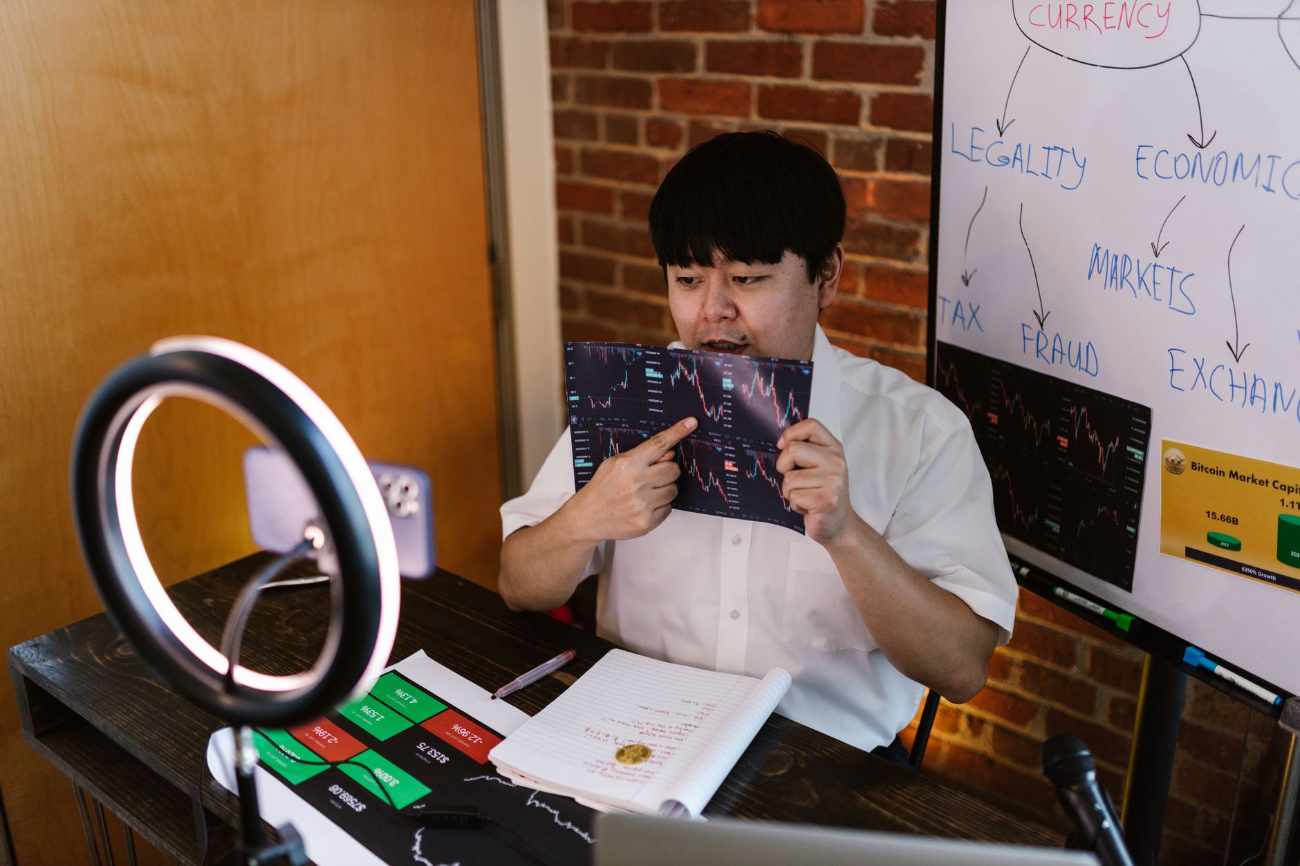 Ilustrasi: Man analyzing cryptocurrency data with ring light and flip charts in a home office.