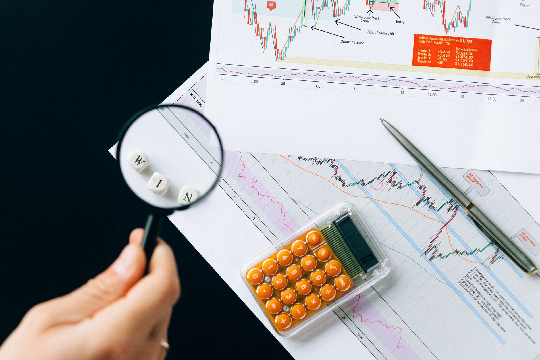 Ilustrasi: Magnifying glass highlighting the word 'WIN' over financial charts. Enhance your business analysis vision.