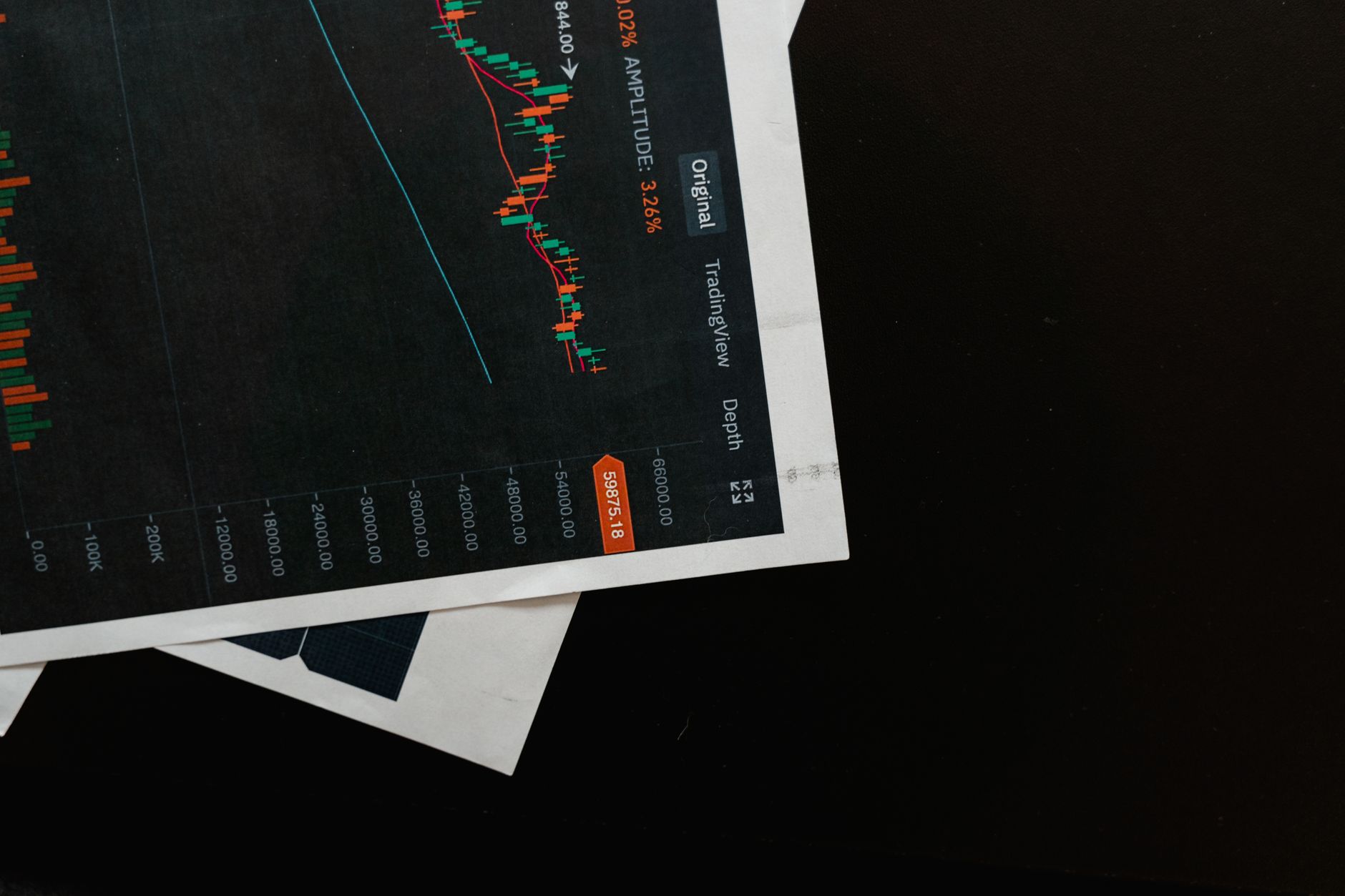Ilustrasi: Detailed close-up of a financial chart on a black surface, showing stock market analysis.