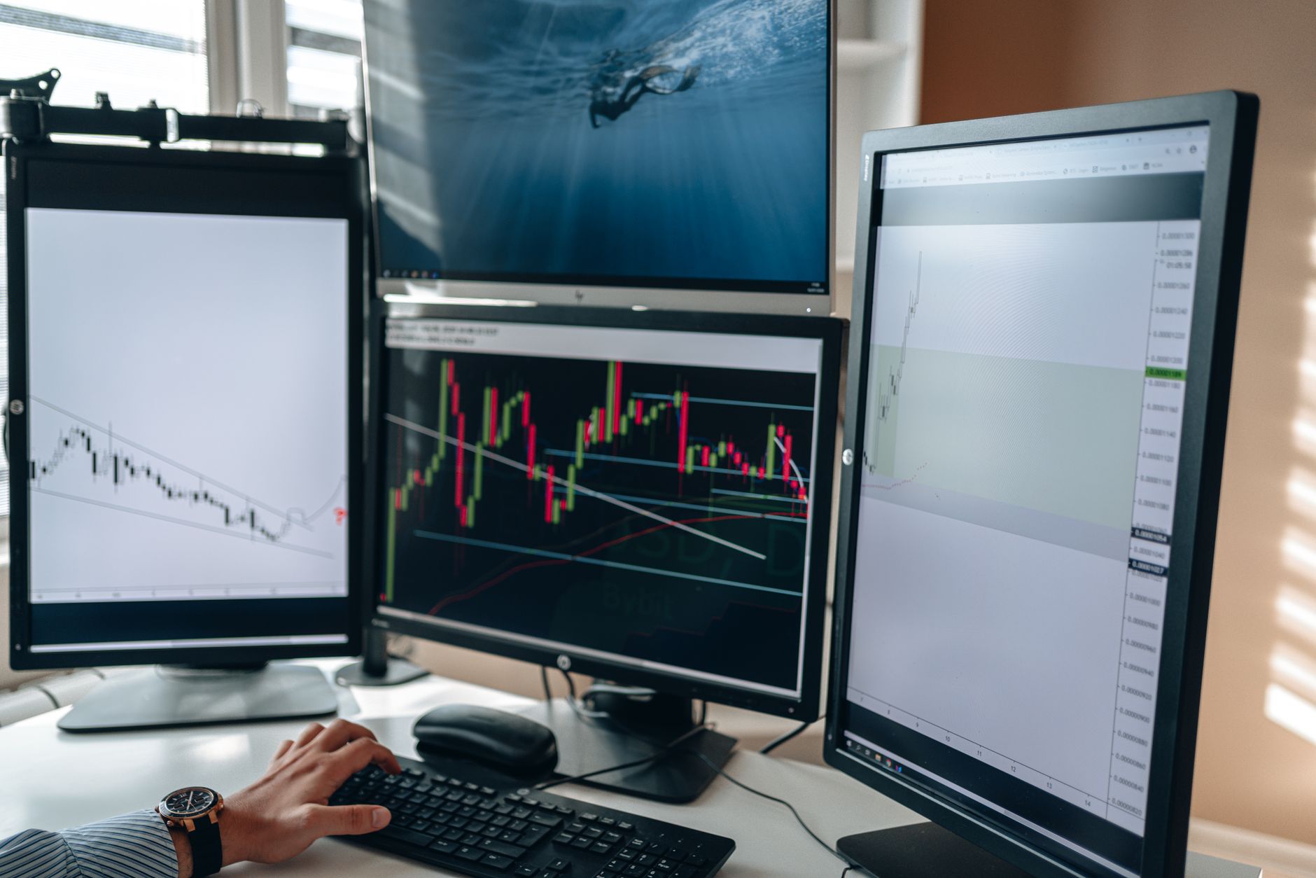 Ilustrasi: A multi-monitor stock trading setup showcasing charts and data analysis in a home office setting.