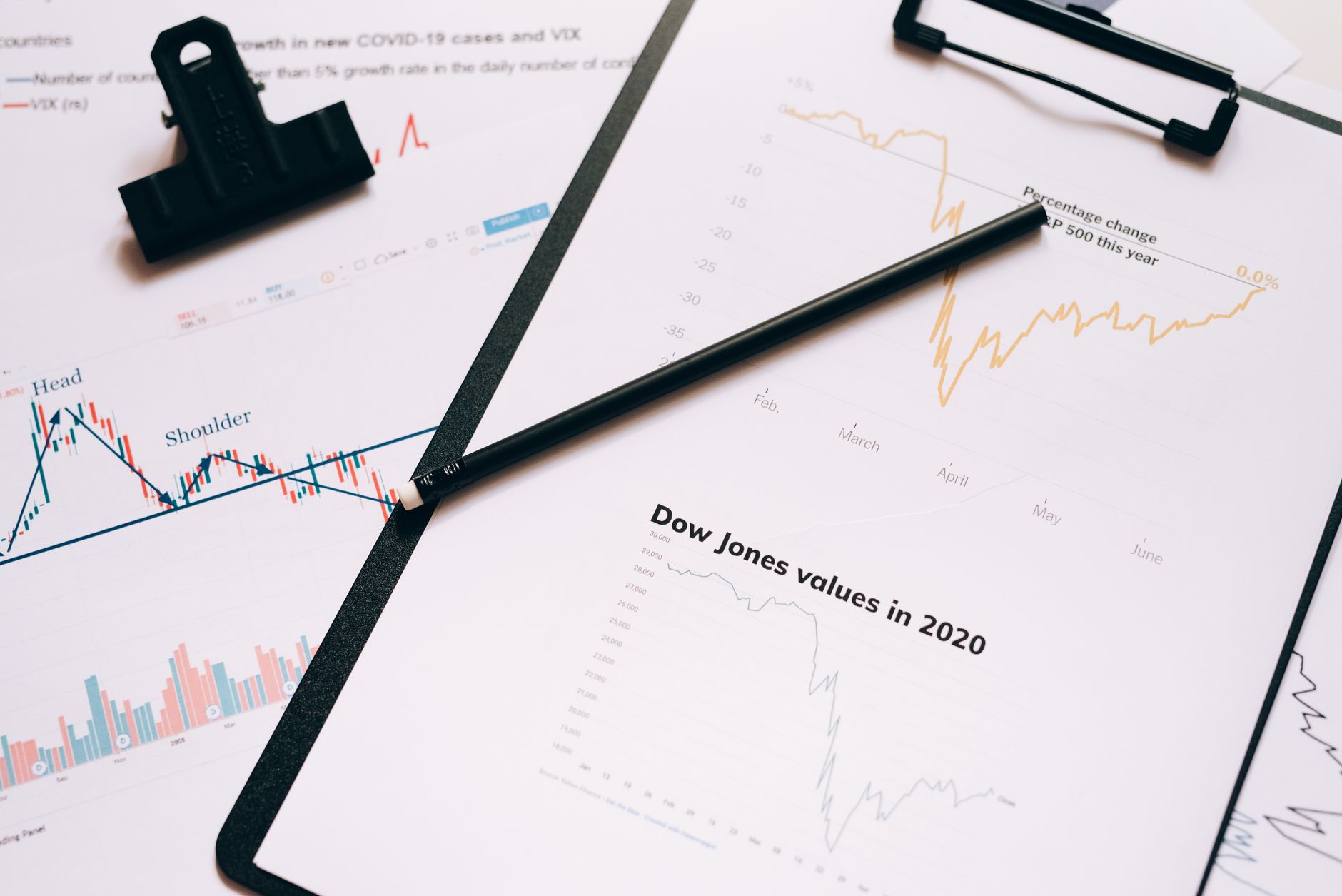 Ilustrasi: Clipboard with stock market charts and graphs representing financial data analysis.