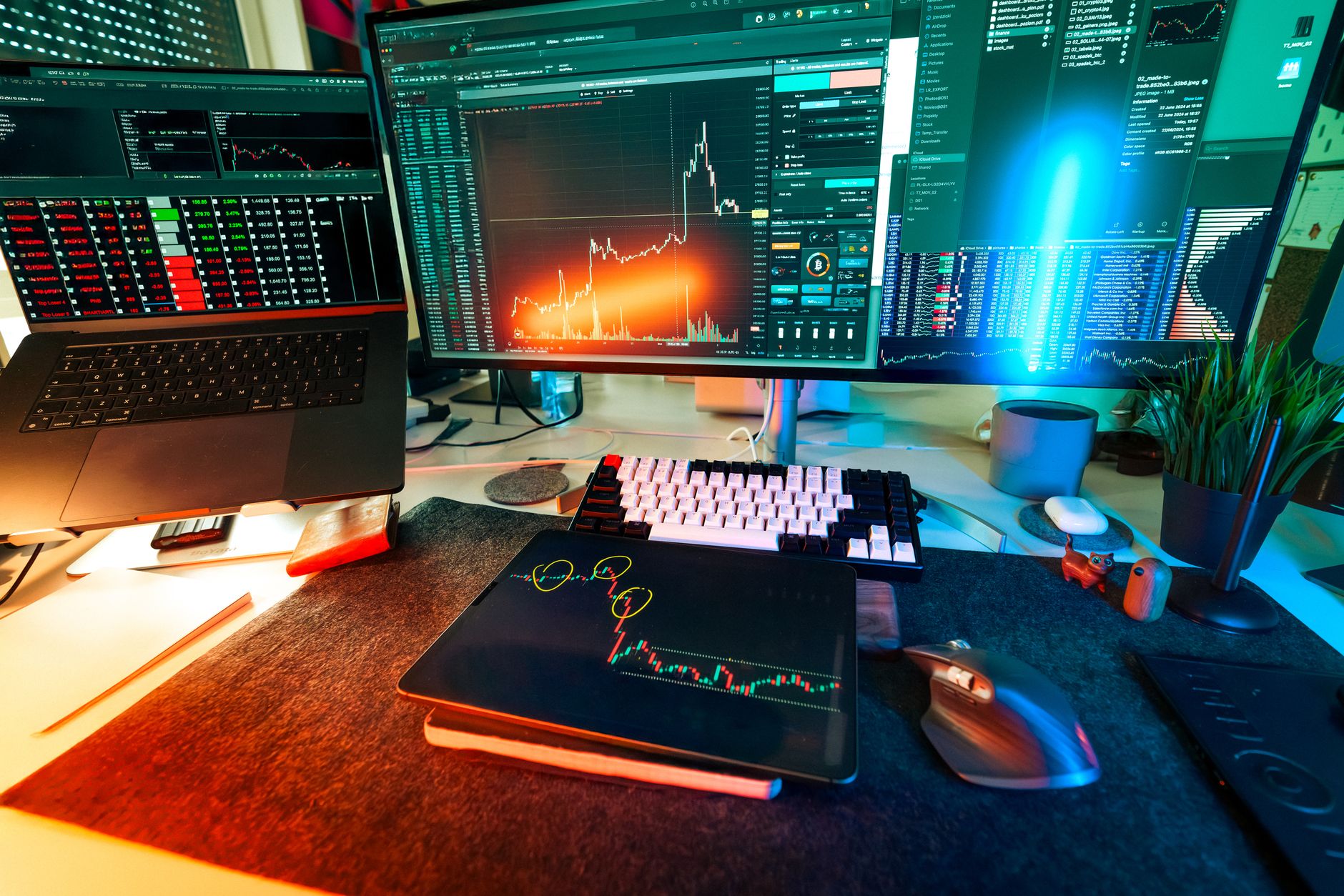 Ilustrasi: Vibrant trading setup with multiple screens displaying cryptocurrency charts and data analysis tools.