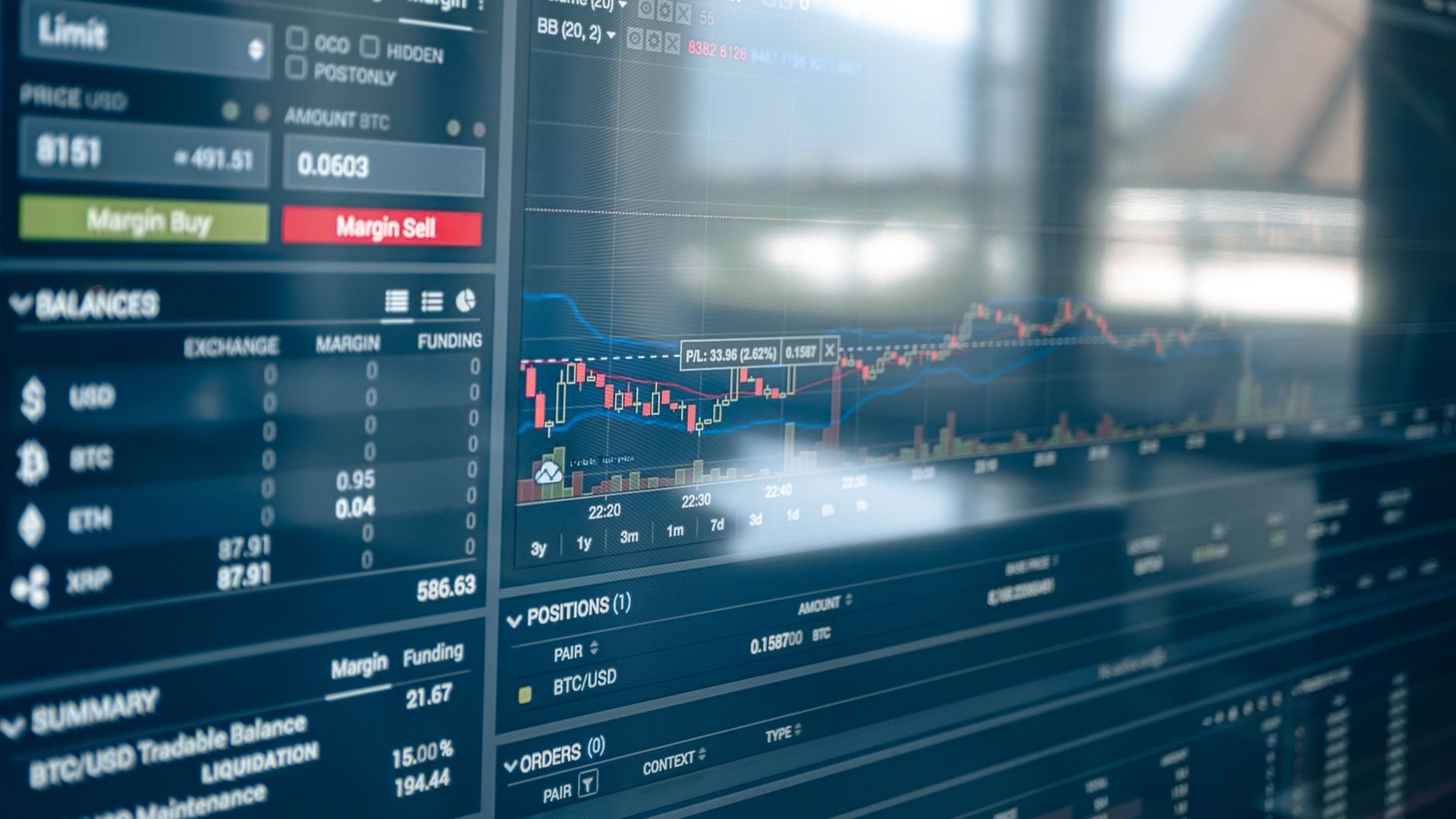 Ilustrasi: Close-up of a digital screen displaying stock trading graphs and cryptocurrency values. Ideal for finance and technology themes.